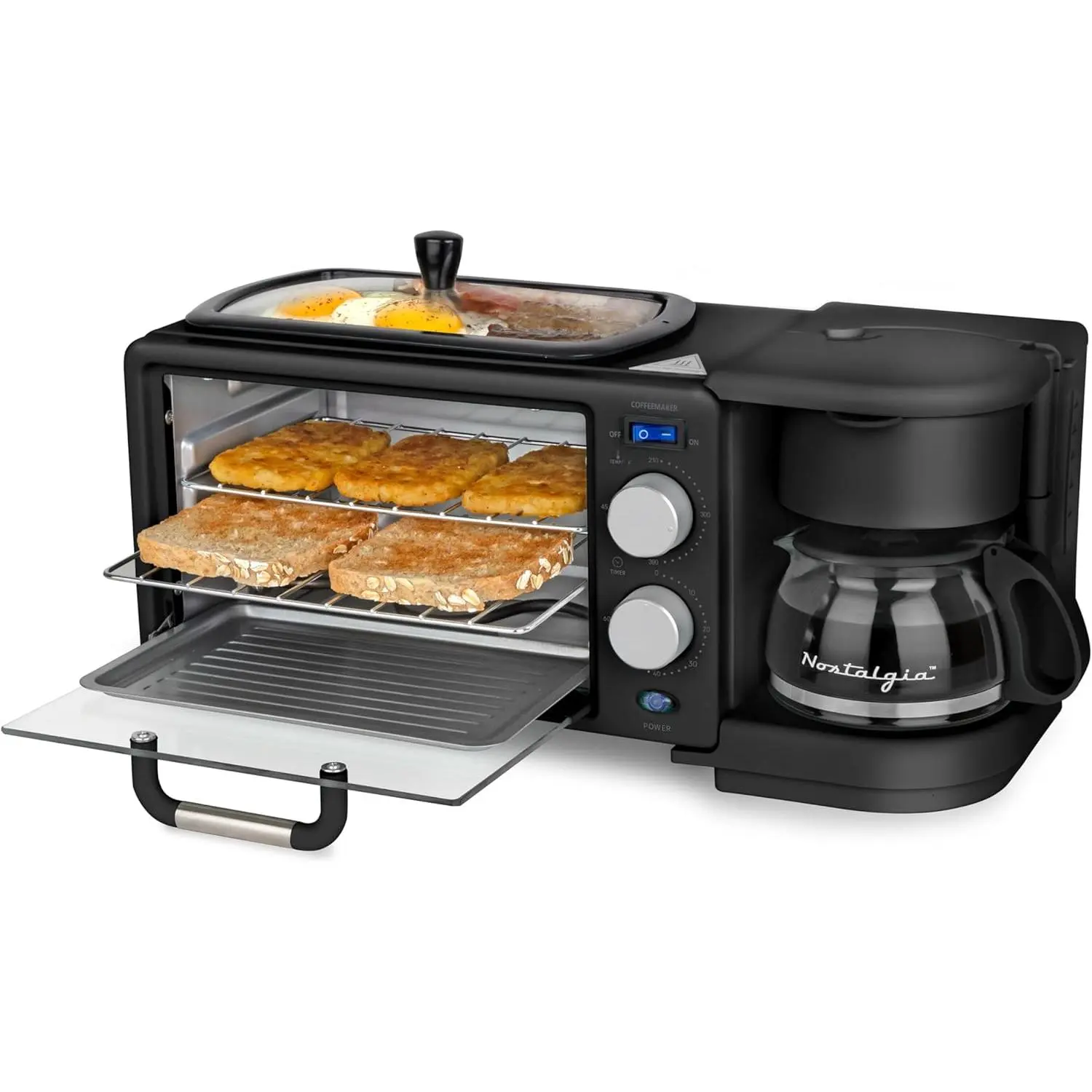 Nostalgia Retro Corded Multi-Function 3-in-1 Breakfast Station - 5-Cup Coffee Maker, Non-Stick Ceramic Griddle, 4-Slice Toaster Oven, Cool Touch, Glass Lid, Wire Racks, Built-In Timer, Reusable Filter, Space-Saving Black for Tiny Homes, Dorms