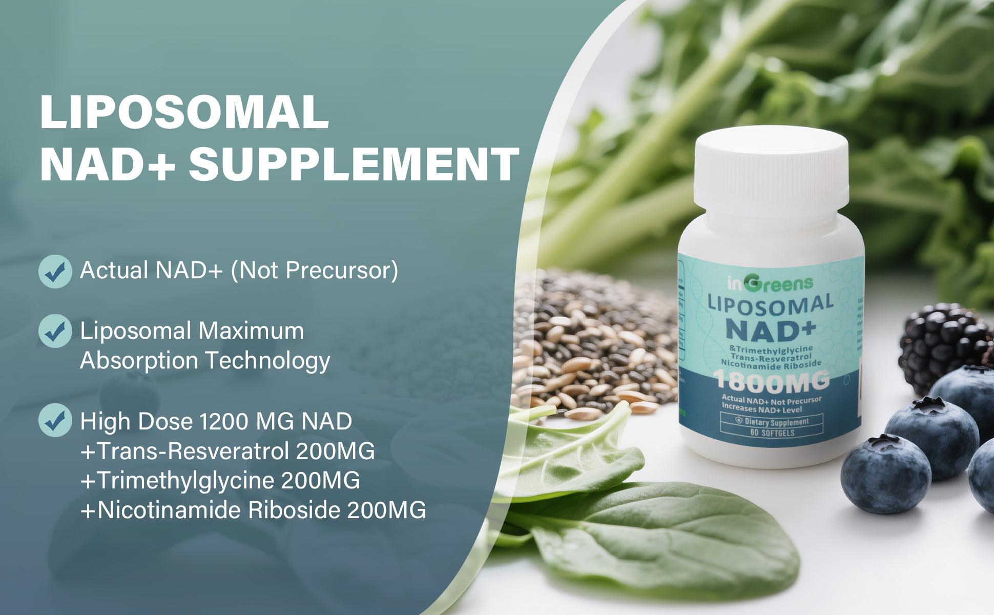 inGreens 2 Cup NAD+ Supplement 1800 mg with Nicotinamide Riboside 200mg, Trans Resveratrol 200mg, Trimethylglycine 200mg，Boost NAD+, Cellular Energy and DNA Repair, 120 Softgels non-pharmaceutical Fitness Healthcare Dietary Edible