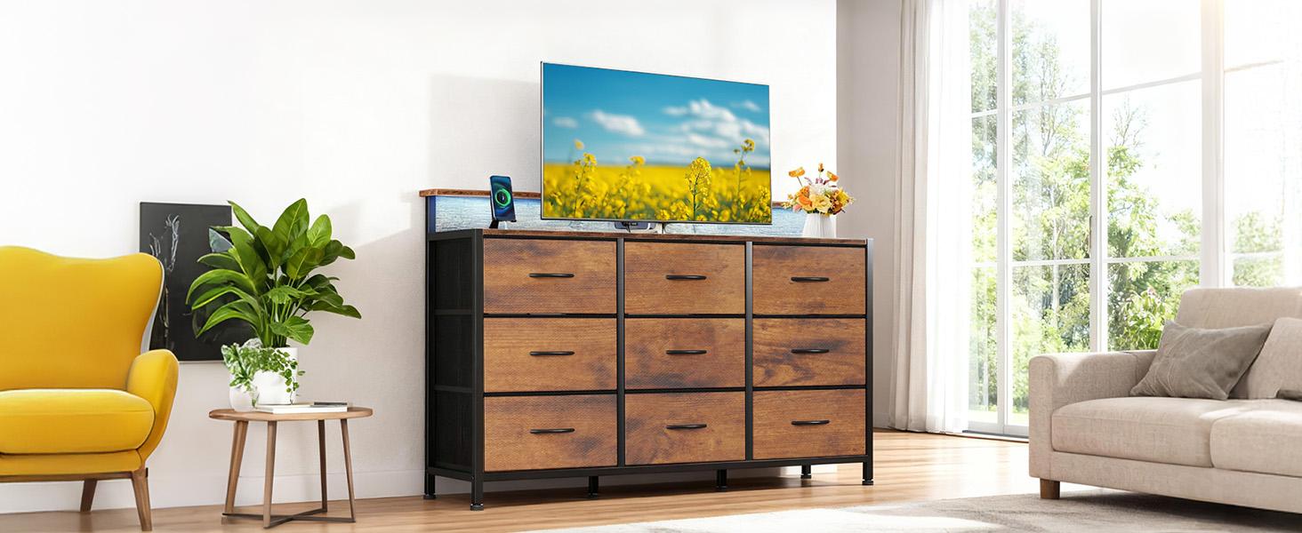Dresser for Bedroom, Dresser for Closet with 9 Drawers, Large TV Stand for 55, 65, 70 Inch TV, Entertainment Center with Storage, Wide Long Chest of Drawers