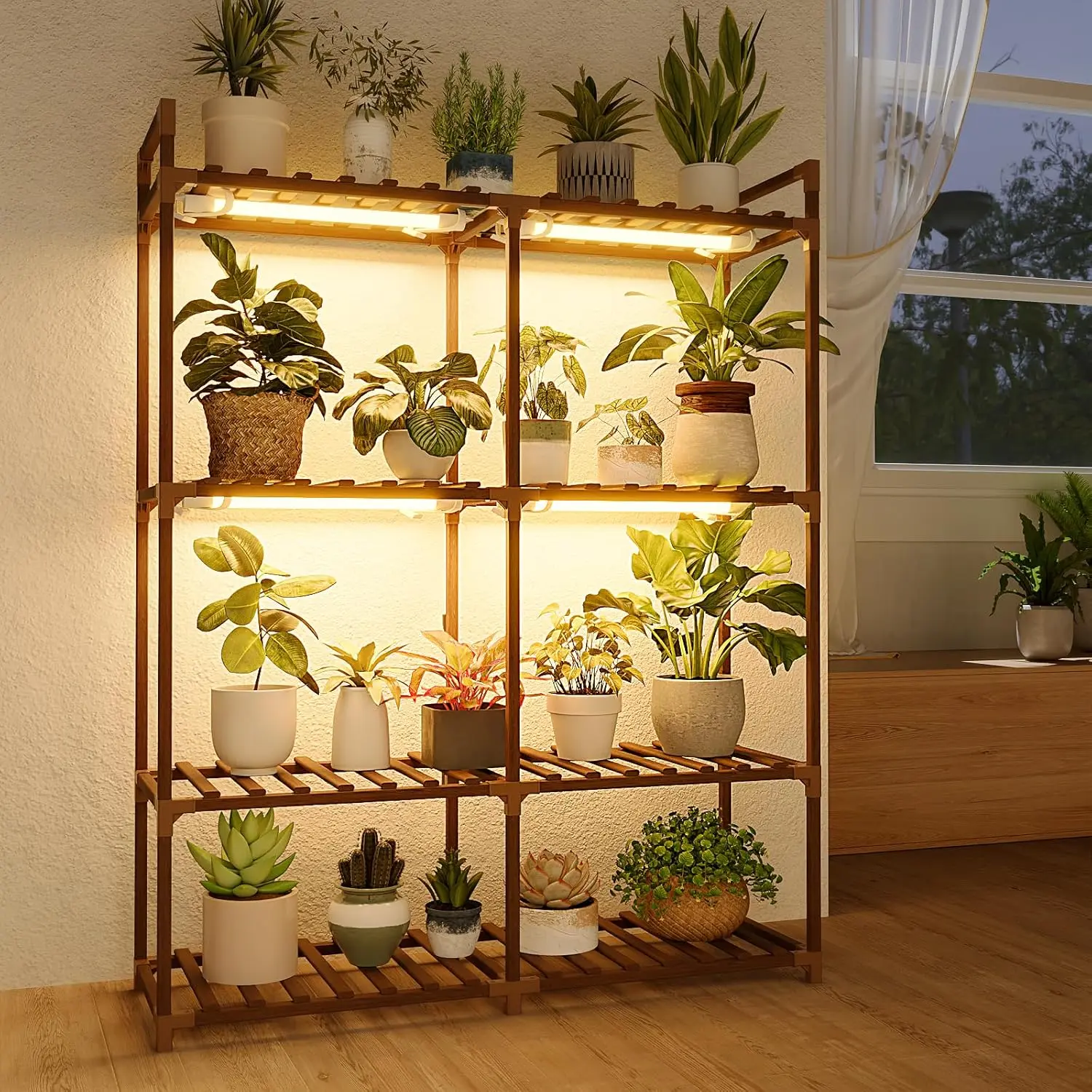 Bamworld 4-Tier Eucalyptus Wood Elevated Vertical Planter Tower - Freestanding Natural Wood Display with Grow Lights, Planting Stand, Large Compartment Nursery Pots Rack & Shelf for Space-Saving Container Gardening (Ideal for DIY Enthusiasts), Elevated Wo