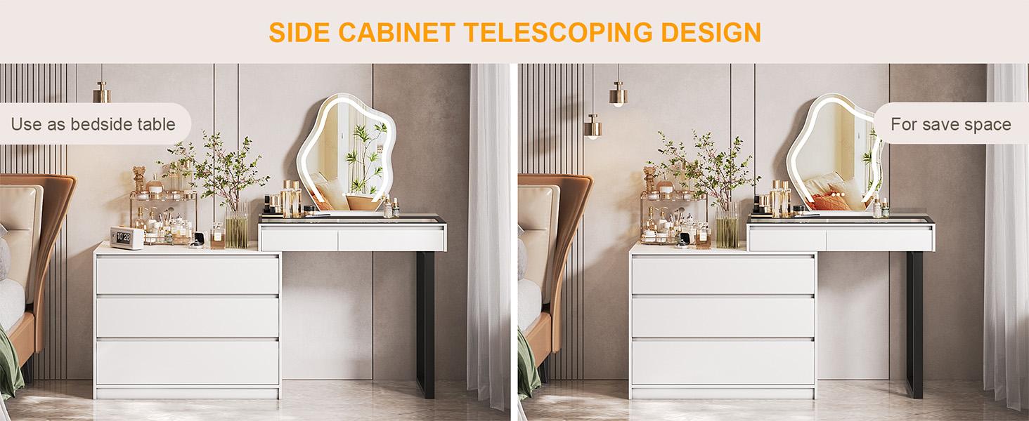 Miu Extendable Dressing Table with Drawers and Dresser, Corner Vanity Desk with Mirror，5-drawers，3-color-light