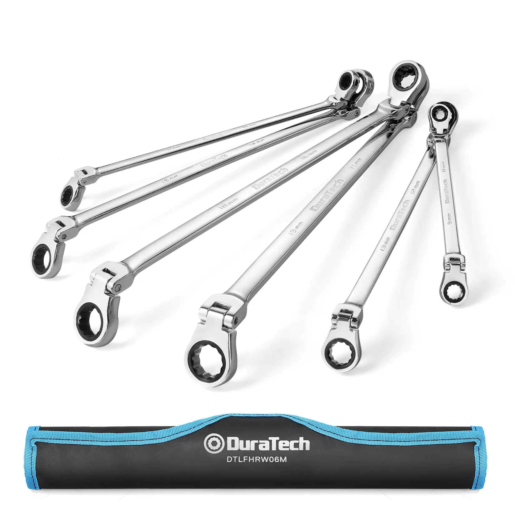 #backtoschool DURATECH Extra Long Flex-Head Ratcheting Wrench Set, Double Box End Wrench Set, 6-Count, Metric 8-19 mm, CR-V Steel, with Pouch