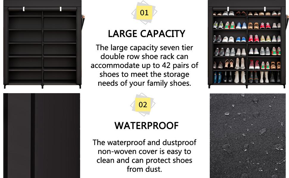 7 Tier Double Row Portable 42 Pair Shoe Rack Organizer Shelf Storage with Nonwoven Fabric Cover Shoe Cabinet for Closet Deals For You Days Water Proof