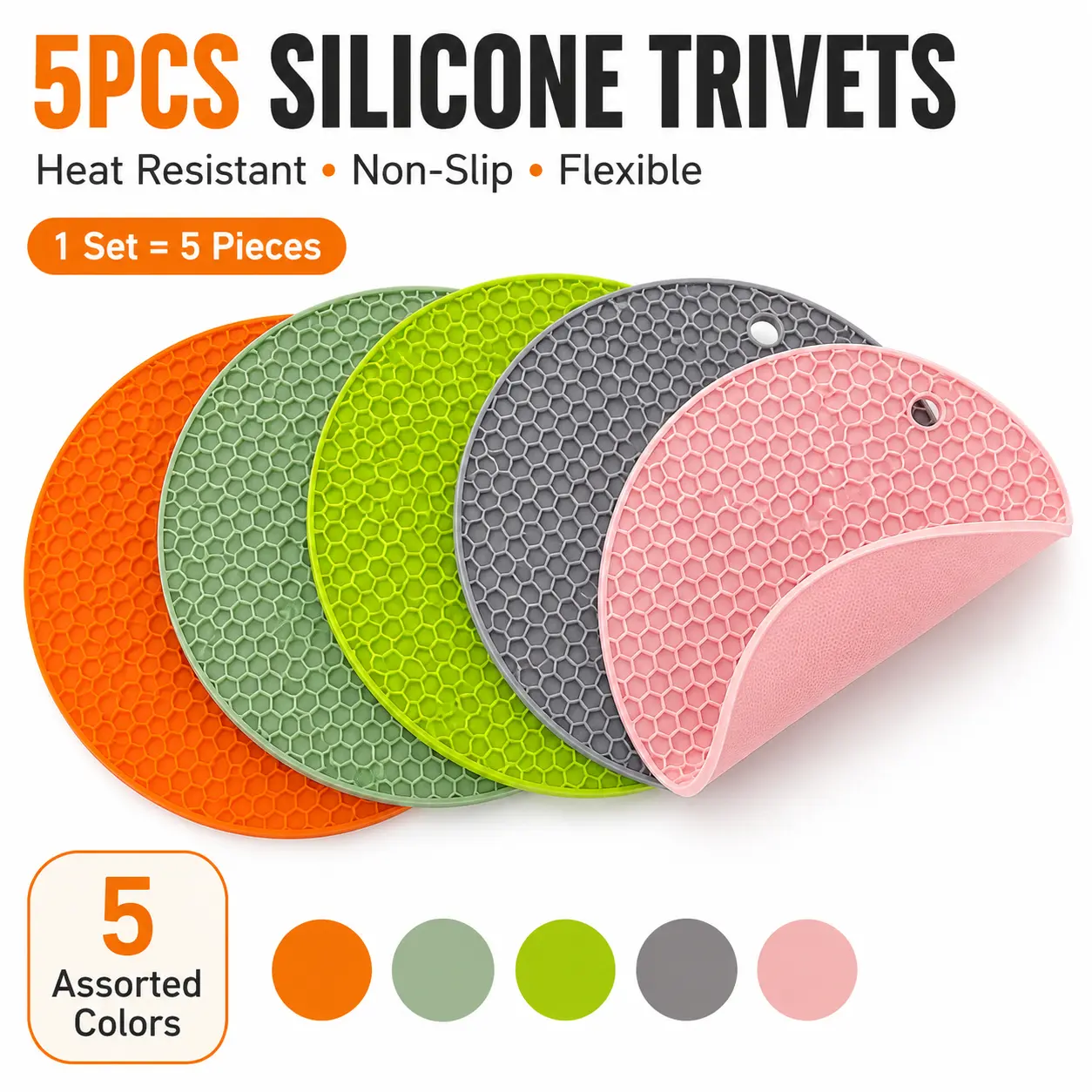 5-Pack Silicone Trivet Mats, Round Heat Resistant Hot Pads for Pots, Pans, Cups and Kitchen Countertops