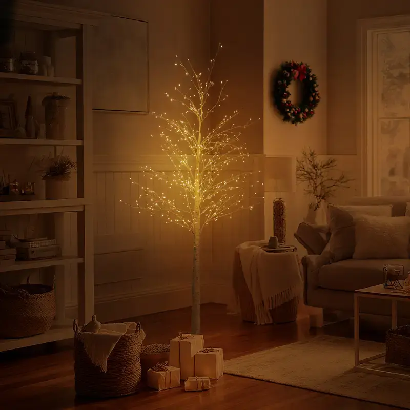Hoodink 6ft Indoor Lighted Birch Tree - 544 Warm LEDs, Plastic Birch Foliage, Durable Metal Base, Natural Look, Aesthetic Room & House Decor for Christmas, Apartment Accessories, Bedroom Light Accent