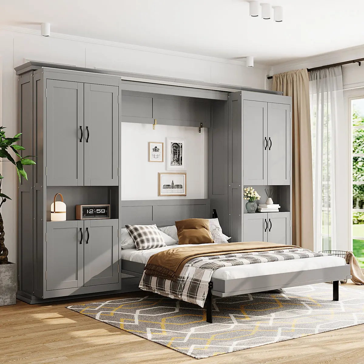 Aobtkel Full/Queen Size Murphy Bed with Dual Sliding Storage Cabinets and 12 Side Shelves, Hidden Fold-Up Wall Bed with Hydraulic Lift System, 750 LBS Capacity, Space Saving Bed for Guest Room Home Office Studio Apartment, Gray