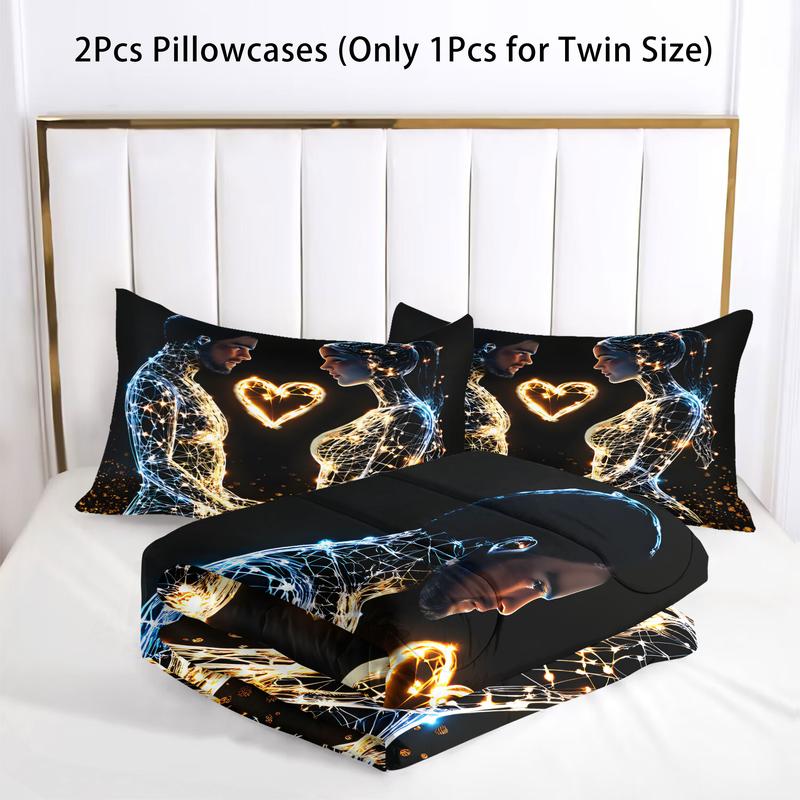 2/3pcs Couple Themed Comforter Set with 1 or 2 Coreless Pillowcases, Glowing Light Up Heart Design on Black Background. Soft and Cozy, Ideal for Couples, Perfect for Bedroom Bedding, Romantic Home Decor.