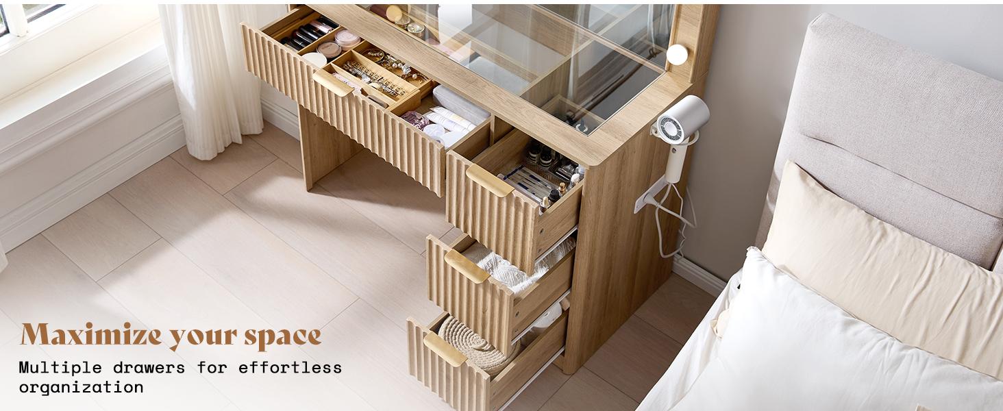 AMERLIFE 36.2/47.2" Fluted Vanity Desk with Mirror and Adjustable LED Lights, Large 4/7 Drawers Makeup Table with Glass Top and Charging Station for Women and Girls,,Best Gift Ideas/Christmas Gifts