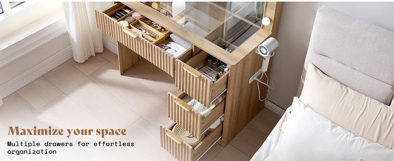 AMERLIFE 36.2/47.2" Fluted Vanity Desk with Mirror and Adjustable LED Lights, Large 4/7 Drawers Makeup Table with Glass Top and Charging Station for Women and Girls,,Best Gift Ideas/Christmas Gifts