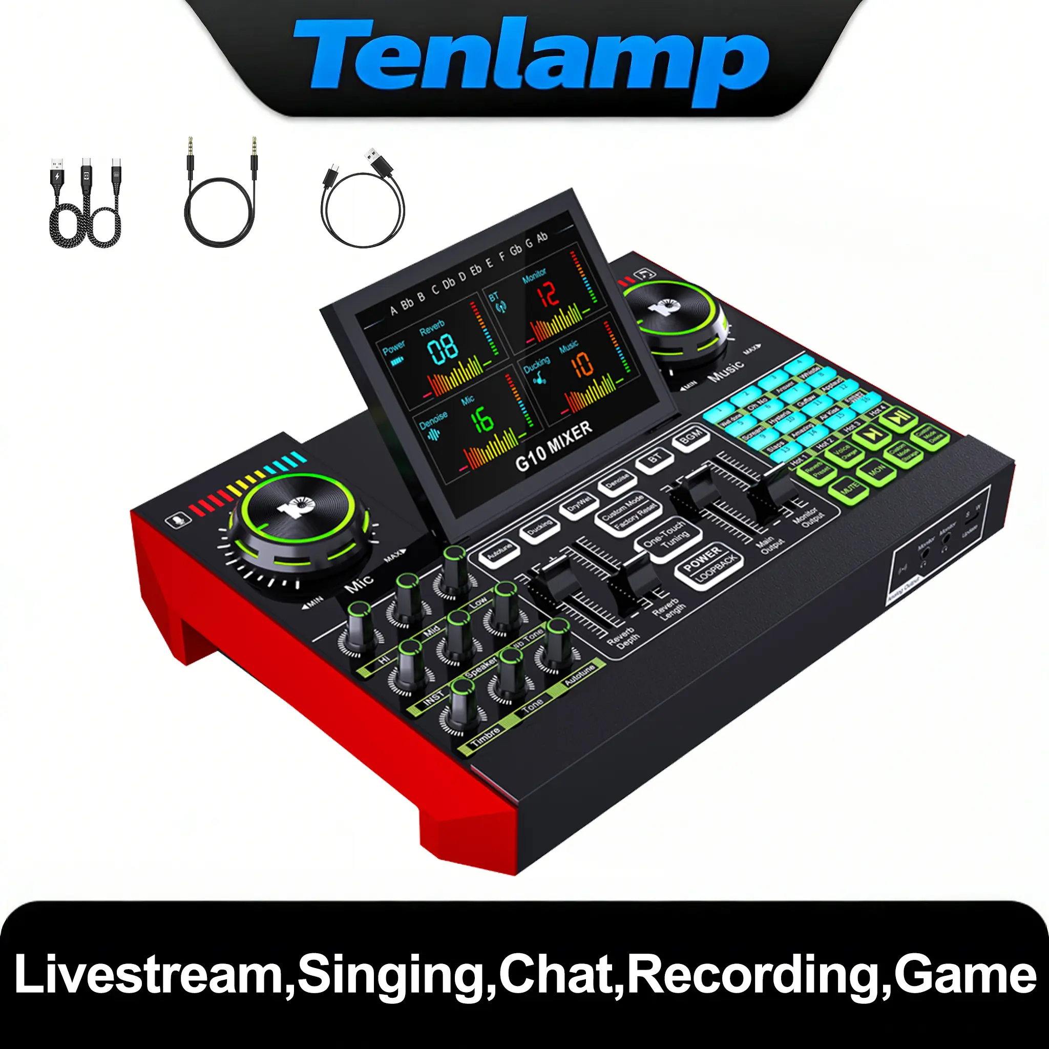 Tenlamp G10 Audio DJ Mixer, Sound Card Vocal Conversion, Equipped