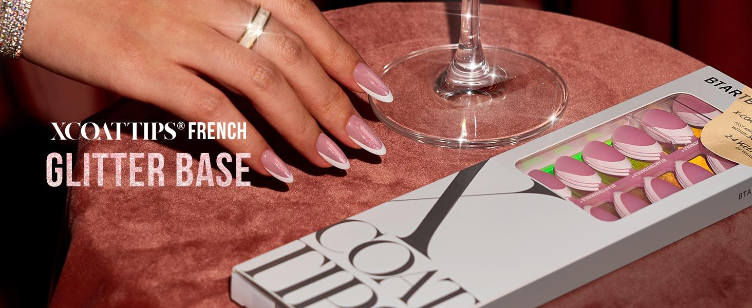 BTArtboxnails XCOATTIPS Press on Nails-96pcs White Short Square or Almond or Stiletto French Tips Glitter Pink Base,Soft Gel FalseNail, Soak Off Acrylic Fake Nails Extensions