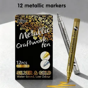 Metallic Markers Pens Silver and Gold Paint Pens for Black Paper Glass Rock Painting Halloween Pumpkin Card Making Scrapbook Album Christmas DIY Art Craft Kids Set of 12