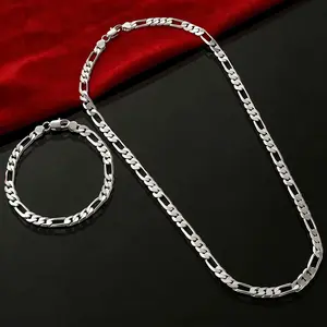Figaro Chain 4mm Silver Chain for Men Jewelry Gifts for Men Father Boyfriends Women's Chain Necklaces Jewelry Fashion Necklace Bracelet 925 silver-plated 2-piece Set Men's Accessories