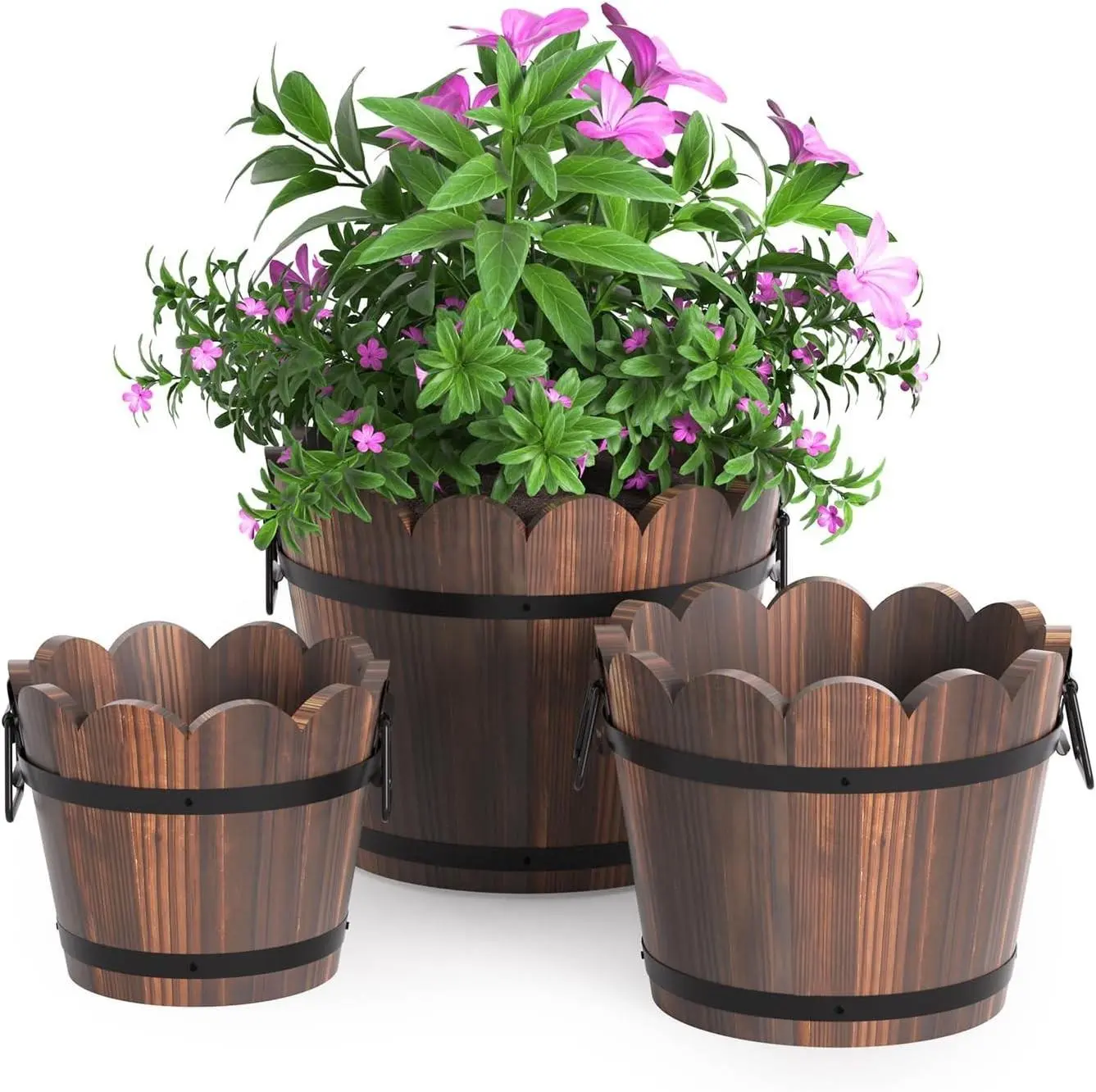 Carbonized Fir Bucket-Shape Wooden Barrel Planters Set of 3, Rustic Scalloped Rim Plant Holders, Dual-Use Indoor Outdoor Garden Pots