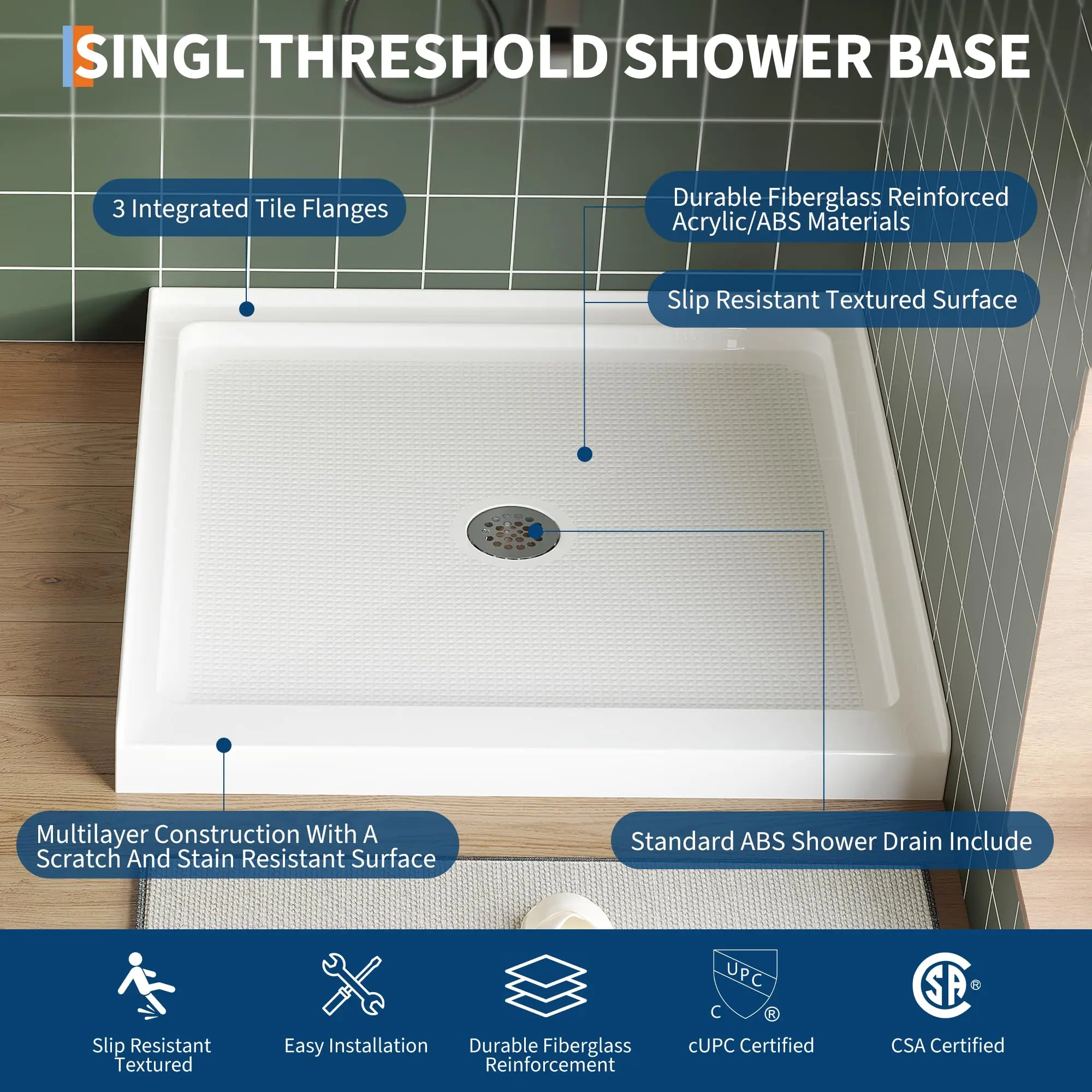 Garvee 36x36 Inch Shower Base & Pan Featuring Solid Structural Support, Premium Anti-Clog & Non-Corrosive Drain System, Leak-Proof Design, and Durable Non-Yellowing Surface for Long-Lasting Performance