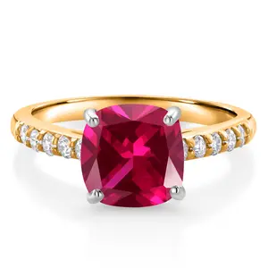 Gem Stone King 10K Yellow Gold Red Created Ruby and White Lab Grown Diamond Engagement Ring For Women (2.70 Cttw, Cushion 8MM, Gemstone July Birthstone)