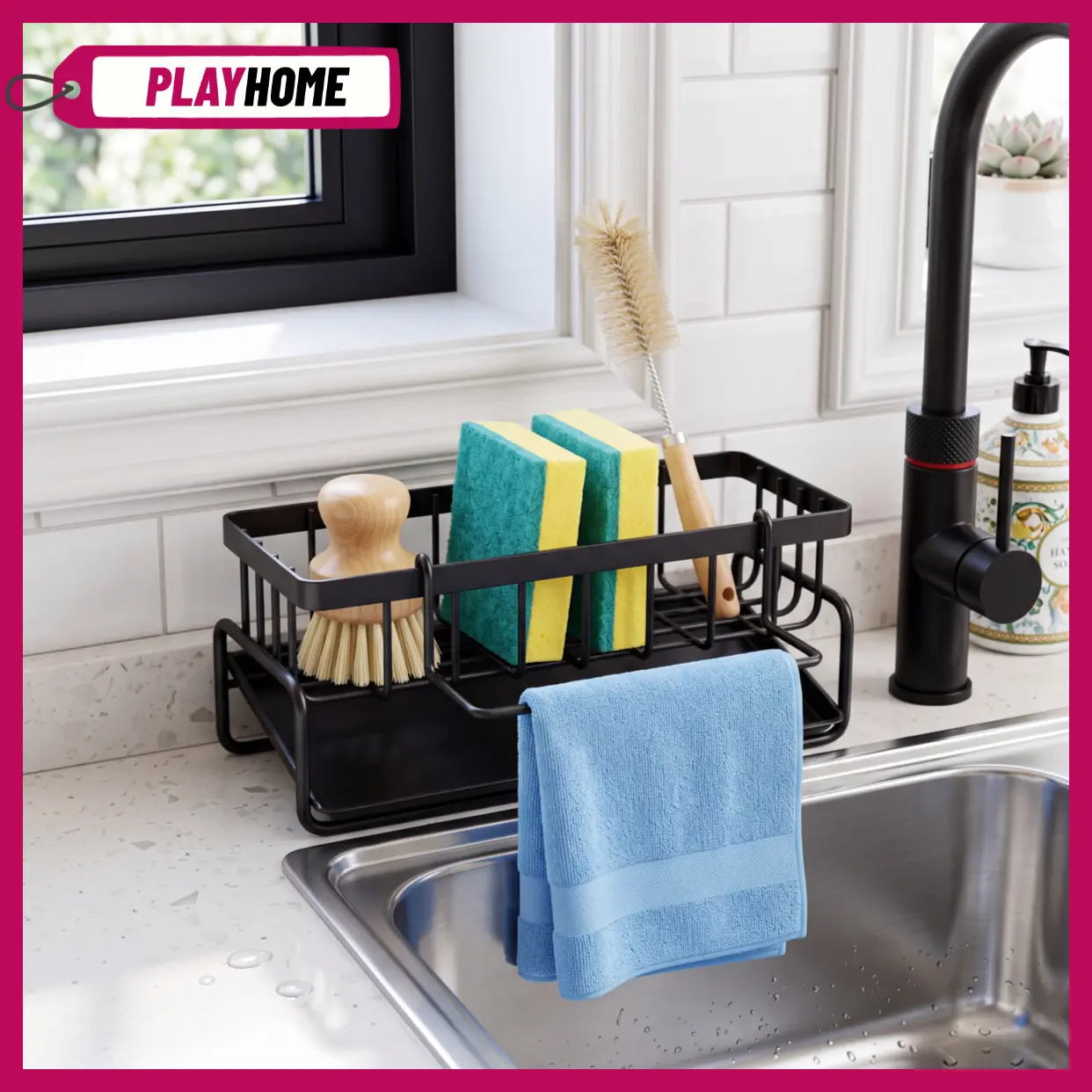 Sponge Holder for Kitchen Sink, Sink Caddy with High Brush Holder, Stainless Steel Dish Sponge  with Divider, Dish Soap Dispenser Storage Organizer Racks