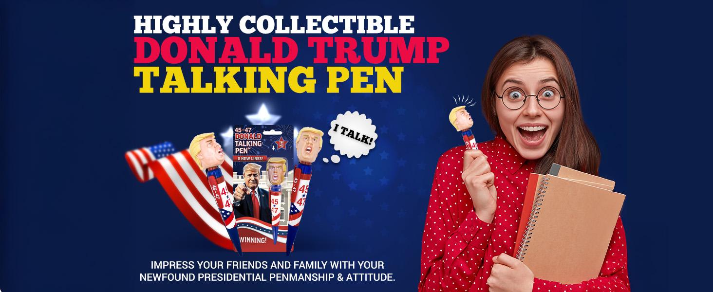 Donald Trump Talking Pen - Press His Hair & Hear 8 Real Voice Quotes - Funny Political Gag Gift for Men, Unique Trump Gifts, Novelty Desk Toy & Office Conversation Starter (Trump 45-47 Edition) Donald Trump Talking Pen - Press His Hair & Hear 8 Real Voice Quotes - Funny Political Gag Gift for Men, Unique Trump Gifts, Novelty Desk Toy & Office Conversation Starter (Trump 45-47 Edition)