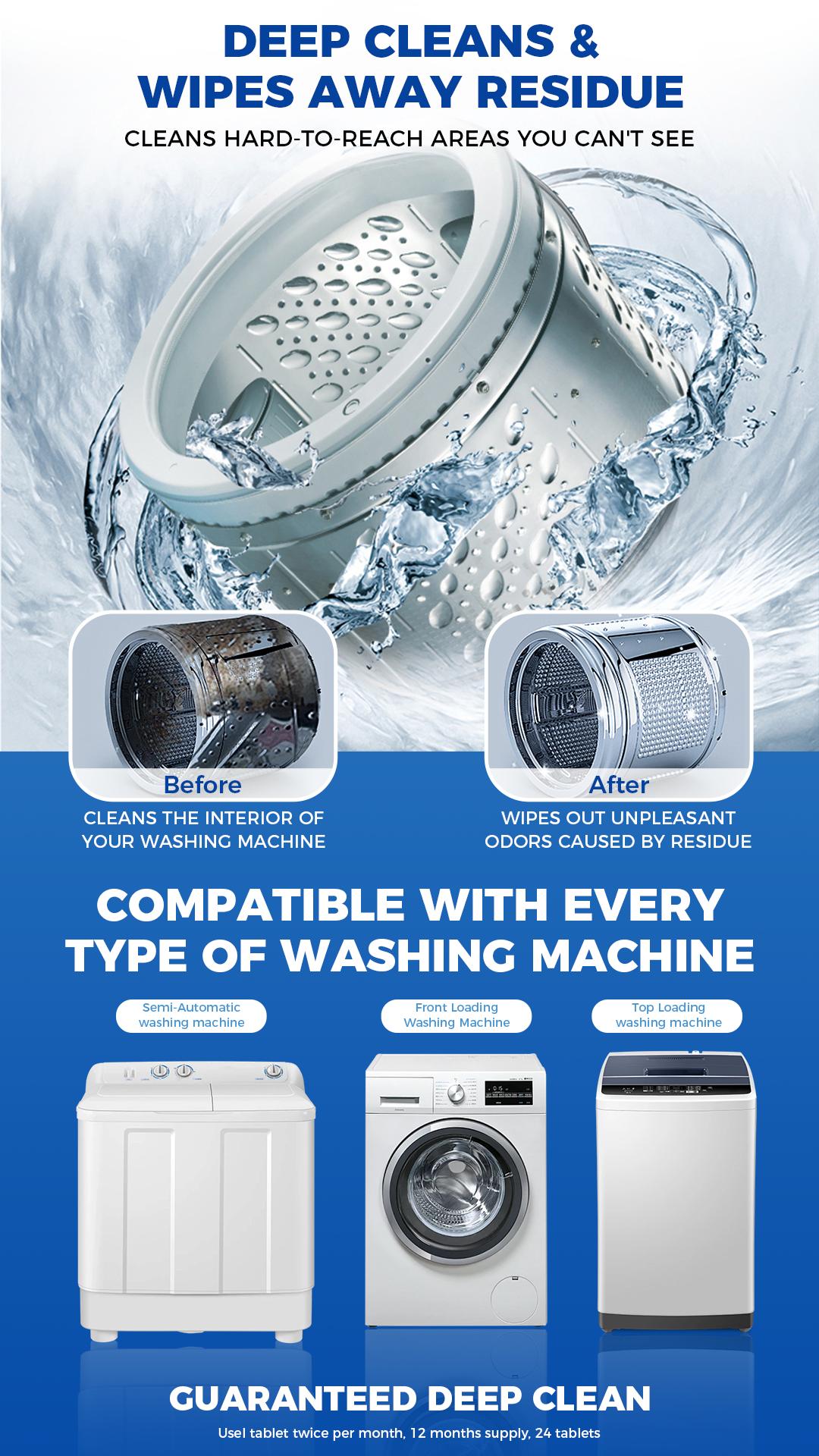 BUBCLEAN Washing Machine Cleaner Tablets 24 Pack - Powerful Descaler for HE Front/Top Load Washers,  Deep Cleaning, Eco-Friendly Deodorizer, Cleans Drum & Seal