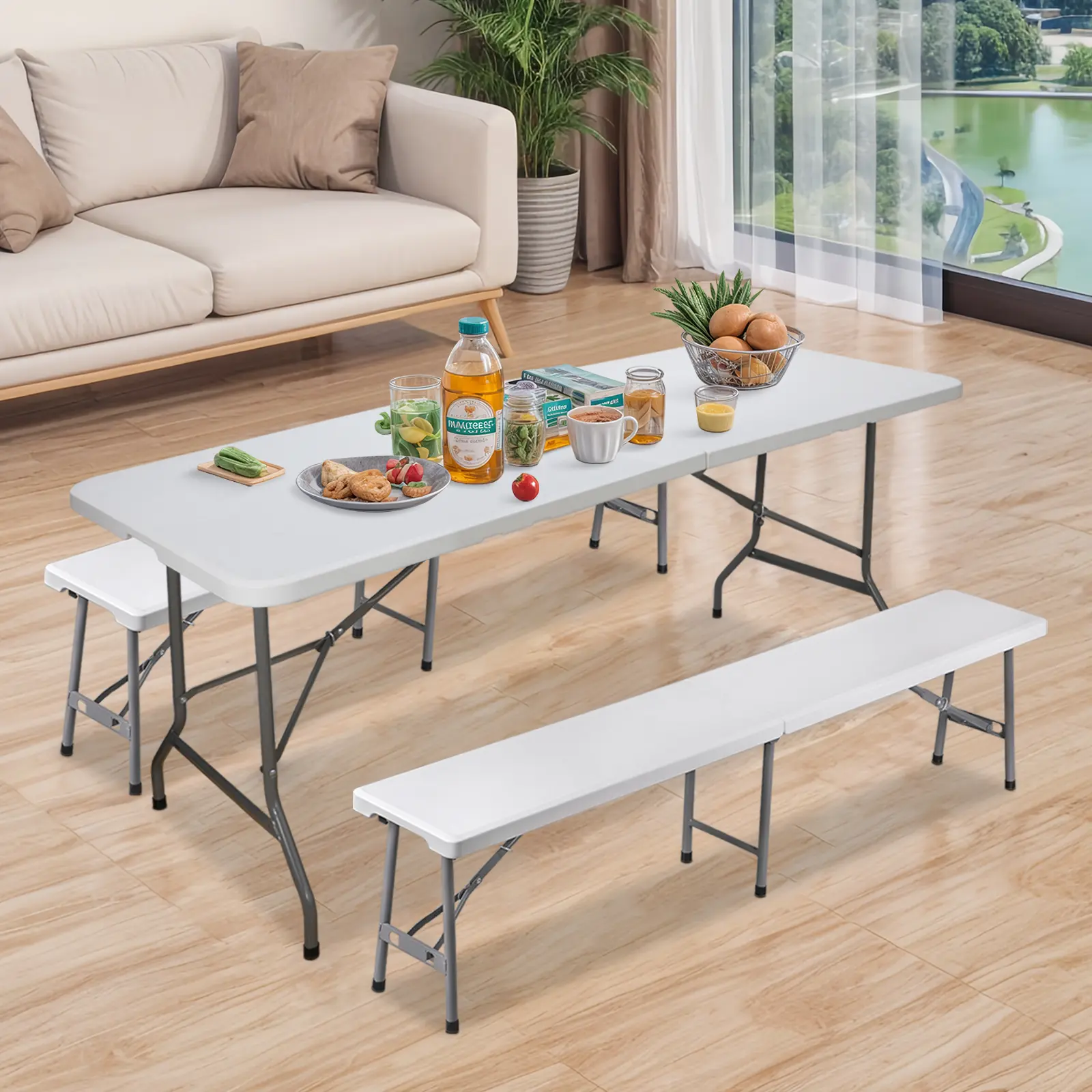 Segawe 6ft Pre-Assembled HDPE Plastic Portable Folding Table Set with 2 6ft Lightweight Outdoor Benches, Lightweight & Multifunctional Options for Camping, Picnic, Lightweight Portable Tables,summerwins