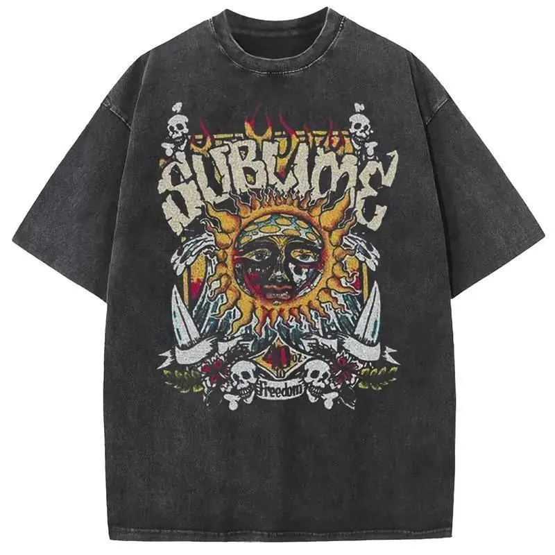 Sublime Sun Vintage Washed Distressed Oversized Crewneck Tee Retro 90s Reggae Rock Streetwear Unisex Casual Daily Top for Men Women