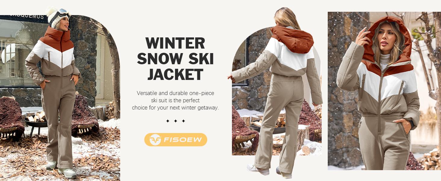 Fisoew Womens One Piece Ski Suit Warm Waterproof Snowsuits Winter Snow Jumpsuits Outdoor Sports Outerwear