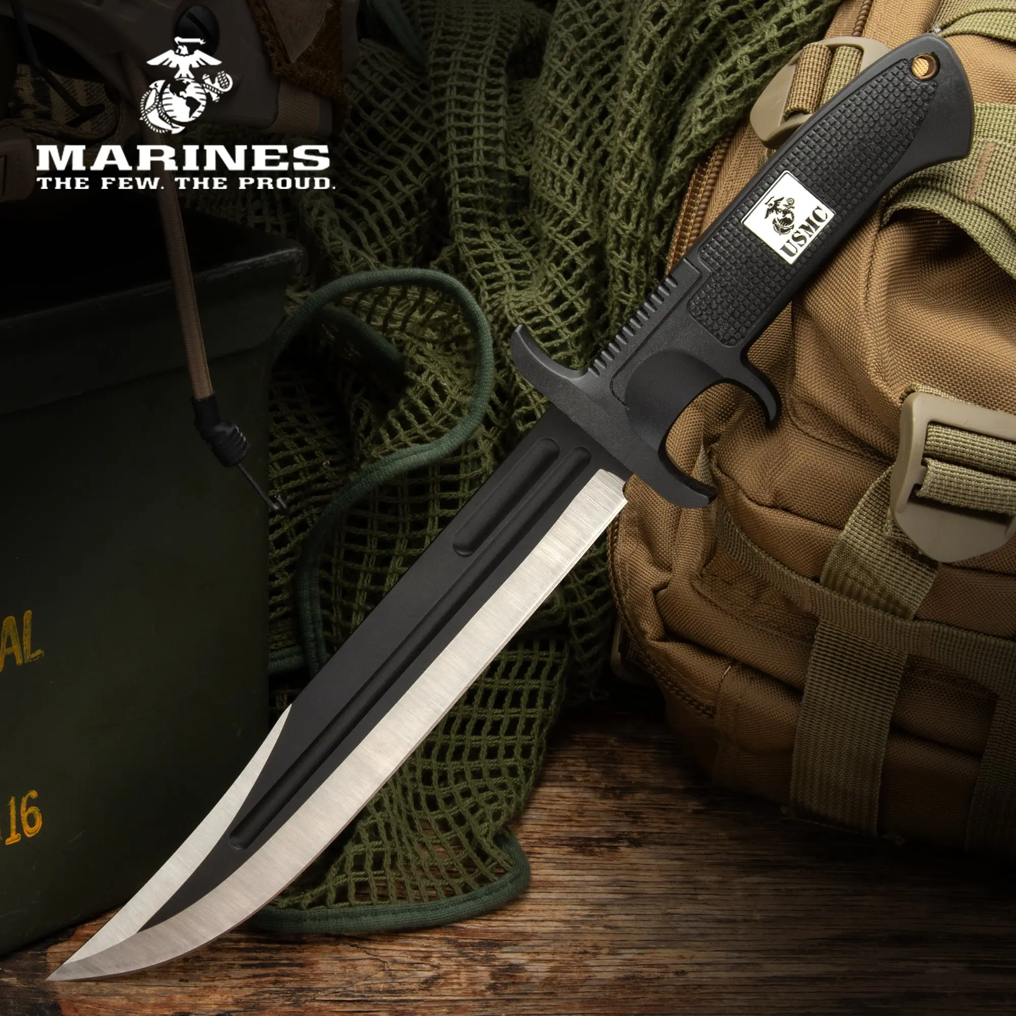 "USMC Survivor’s Edge: The Ultimate Mission Knife   8 1/4"" Blade   13 1/2"" Overall   Textured ABS Handle with Sub-Hilt   Nylon Sheath and Lanyard Hole"