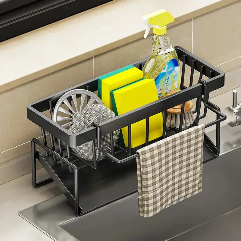 Stainless Steel Kitchen Sink Organizer - Rustproof Sponge Holder Caddy with Dish Towel Bar Rack - Space Saving Countertop Storage Drainer for Soap & Scrubber - Modern Aesthetic Kitchen Organization