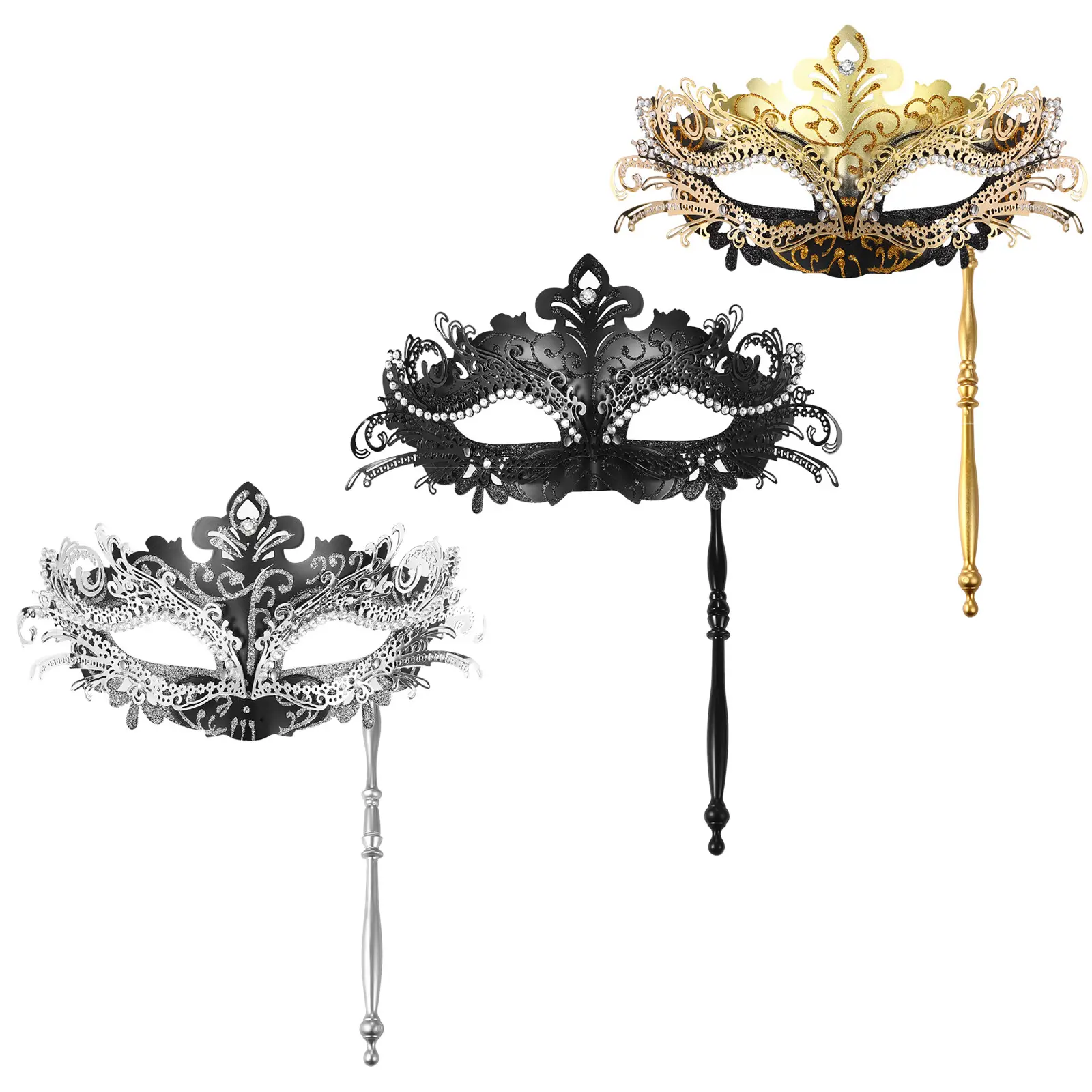 Women's Light Plastic-Metal Venetian Masquerade Mask with Holding Stick - Rhinestone Trim, Lace Edge, Sequin, Universal-Fit Fashion Accessory for Wedding, Halloween, Costume Cosplay Events