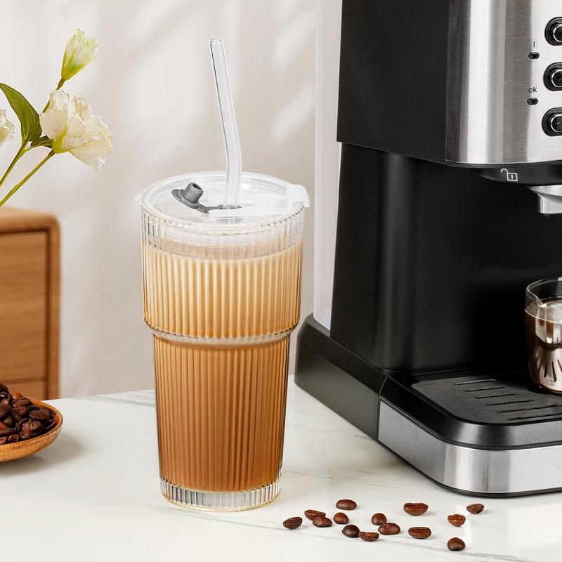 16 oz Ribbed Glass Tumblers with Lids and Glass Straws 1-Piece Glassware Set Thickened Wall Ideal for Iced Coffee Smoothies Cocktails and Juices Elegant and Durable Drinkware