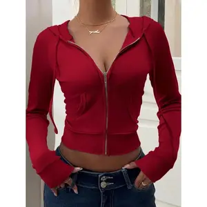 Women's Solid Color Zipper Front Raglan Sleeve Casual Hooded Jacket Womenswear Coats