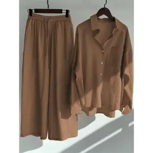 SpringSummerWomen'sTwoPieceCasualLongSleeveShirtWomen'sSuitFashionButtonCasualFemaleWideLegPants2PieceSets