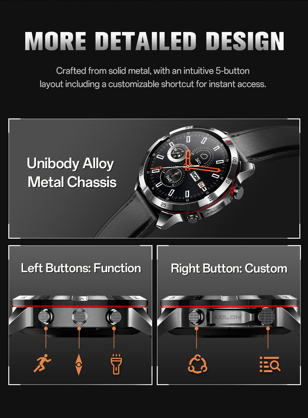 Aolon GT6 Pro Spring rugged outdoor smartwatch with 1.51" AMOLED display, LED flashlight & precision compass. Bluetooth calling, heart rate & fitness tracking, 5-button control, 500mAh battery up to 60 days, 1ATM & IP68 water-resistant.