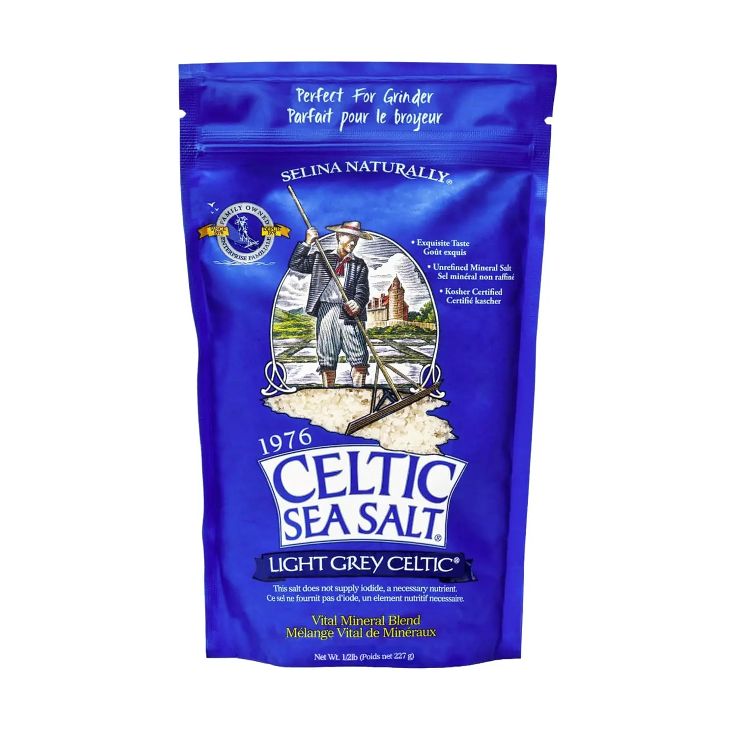 Natural Mineral Rich Celtic Sea Salt - Light Grey Coarse Grain, Unrefined, 70+ Trace Minerals, Sustainably Harvested, GMP Certified, Lab Tested for Purity, 0.5lb Re-sealable Bag, Cooking & Finishing Use