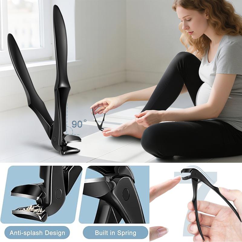 Professional black long-handled scimitar head toenail scissors, unisex more suitable for the elderly, large opening anti-splash design, with nail file set, durable metal foot manicure, suitable for thick and hard nails.