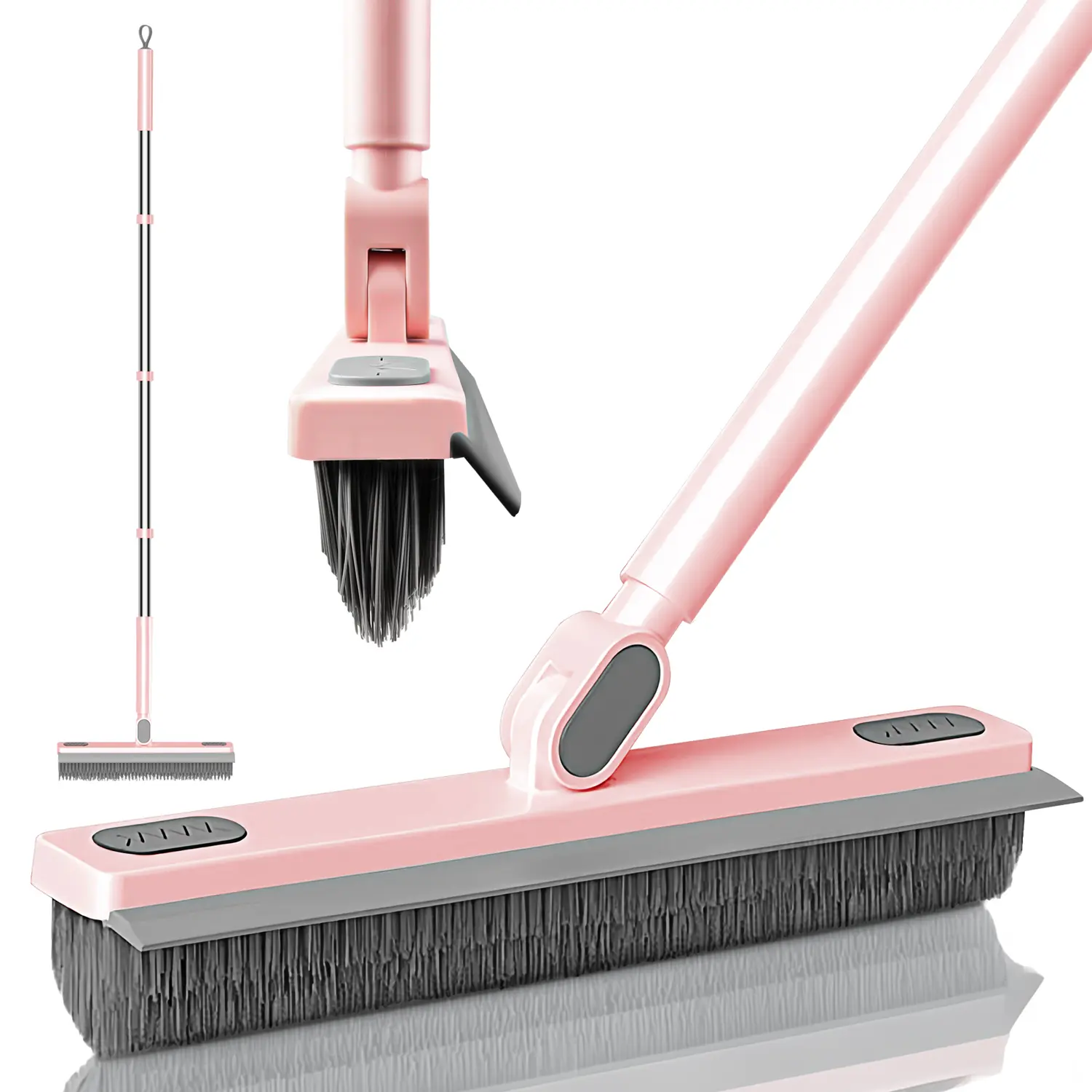 KZKR Pink Floor Scrub Brush Broom, Household Cleaning Tool with Adjustable Long Handle, 360° Swivel Head, V-Shaped Grout Scrubber for Tile Lines, Shower Corners