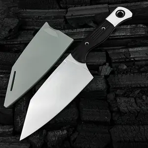 4010 Station Knife Kitchen Knife Fixed Blade  5.9" CPM-154 Stainless Steel Clip Point Blade, OD Black G10 Handles with White G10 Bolsters, Plastic Sheath Hiking Camping kitchen knife, slicing knife
