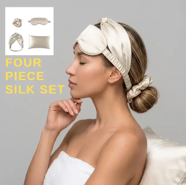 Silk Sleep Set | Silk Pillowcase Eye Mask Scrunchie Headband | 4 Piece Luxury Bedtime Gift Set | Silk Hair Tie | Sleep Care Gift for Women