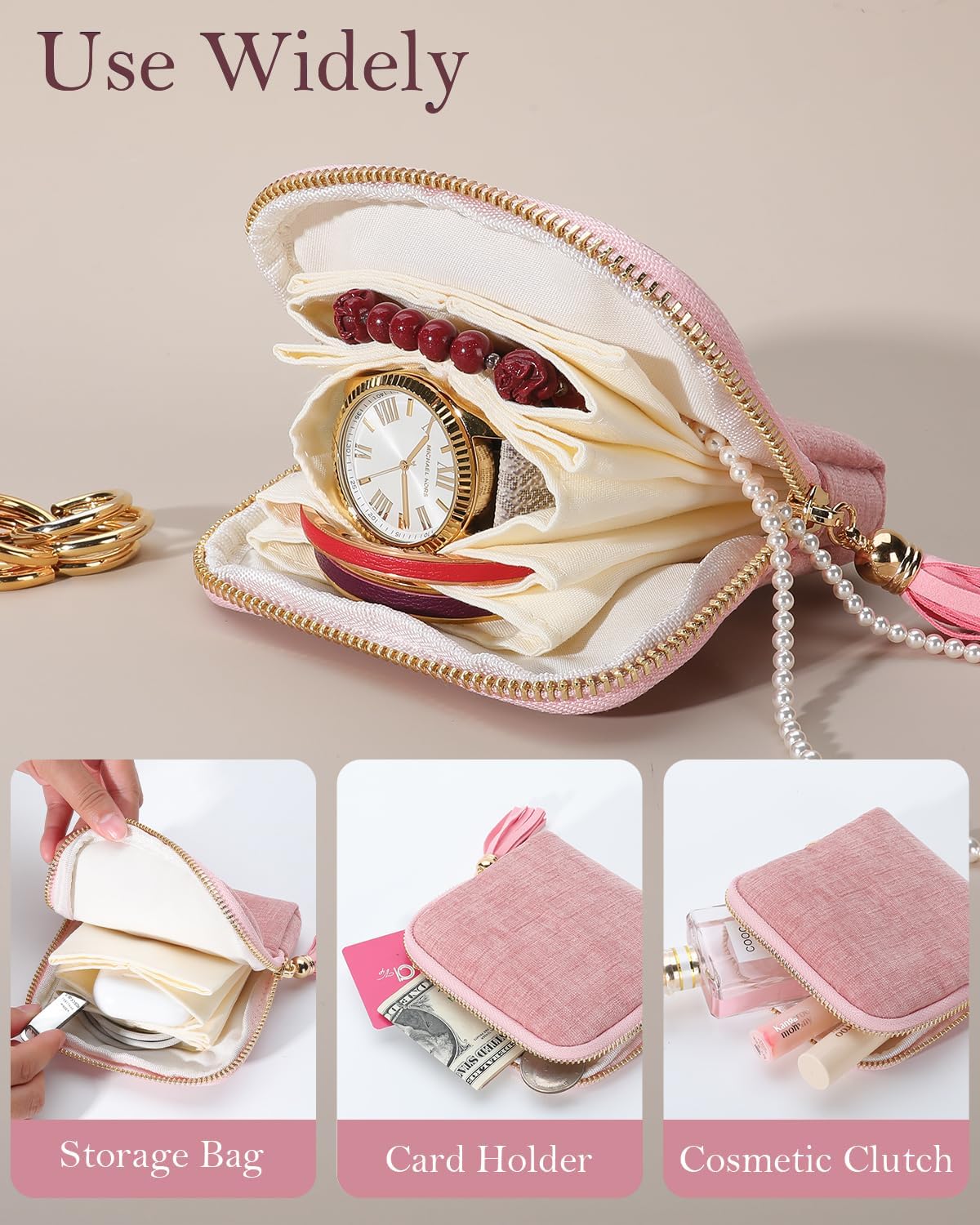 2026 New Travel Jewelry Case, Valentine's Gifts for Women, Portable Organizer for Rings, Bracelets, & Bangles with Tassel Zipper, Elegant Jewelry Roll for Journey, Crystal Jewelry Storage Pouch, Mini, Organized Pockets