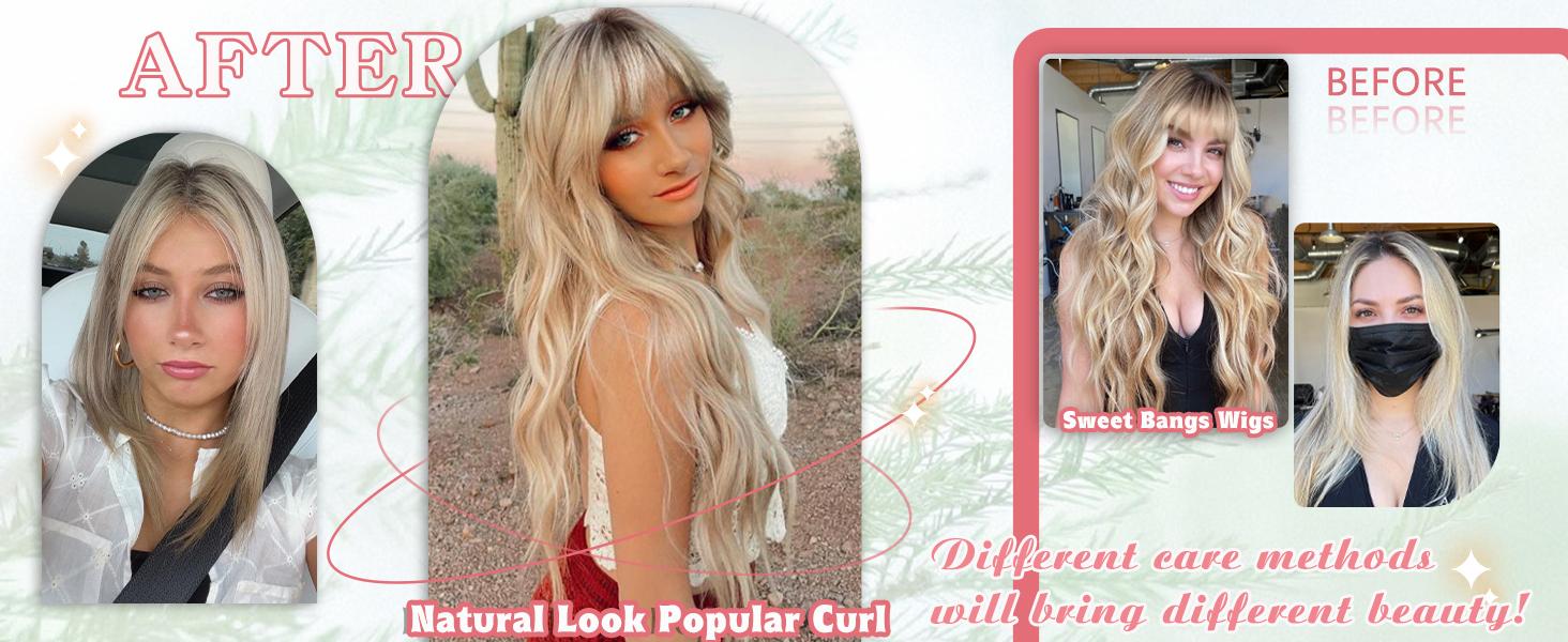AISI HAIR Ombre Blonde Wig with Bangs for Women Long Wavy Hair Wig Curly Wavy Synthetic Wigs for Girls Daily Party Use Ombre Long