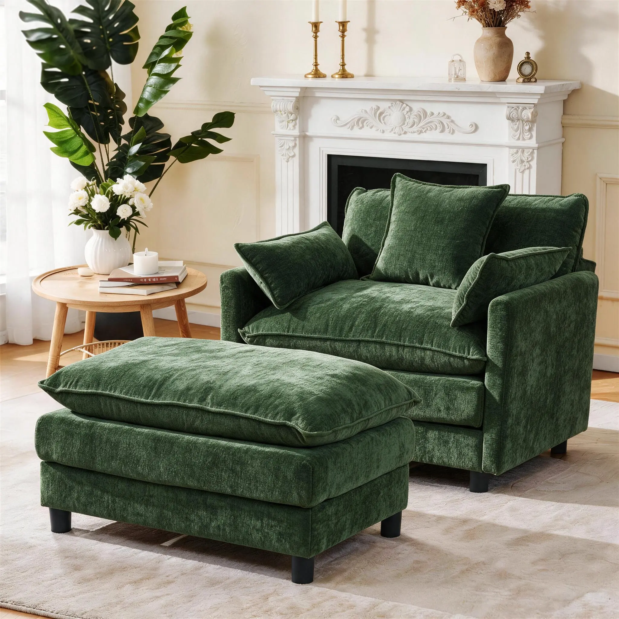 39.4in Modern Oversized Chenille Accent Chair with Ottoman, Supportive Arms & Deep Seat, 1 Seat Chenille Beige Lazy Sofa Comfy Couch for Living Room, Bedroom (Assembly Required)