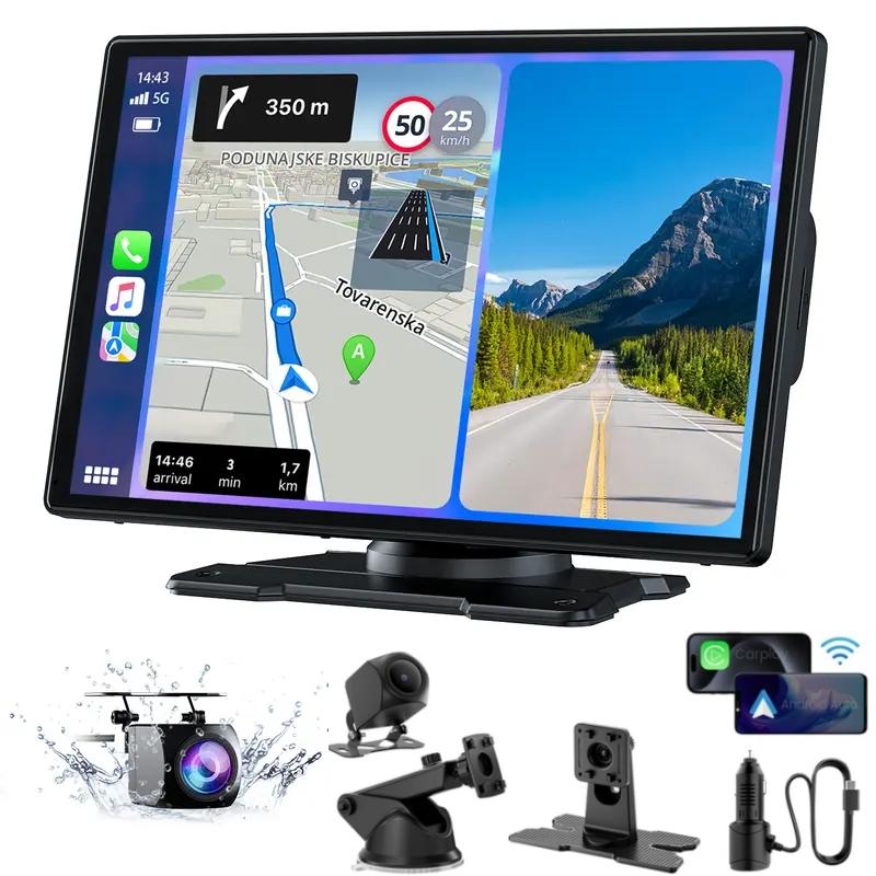 WHATOOK 9 inch Portable Wireless Carplay with 1080p Backup Camera GPS Navigation Mirror Link Voice Control Bluetooth Car Stereo Upgrade