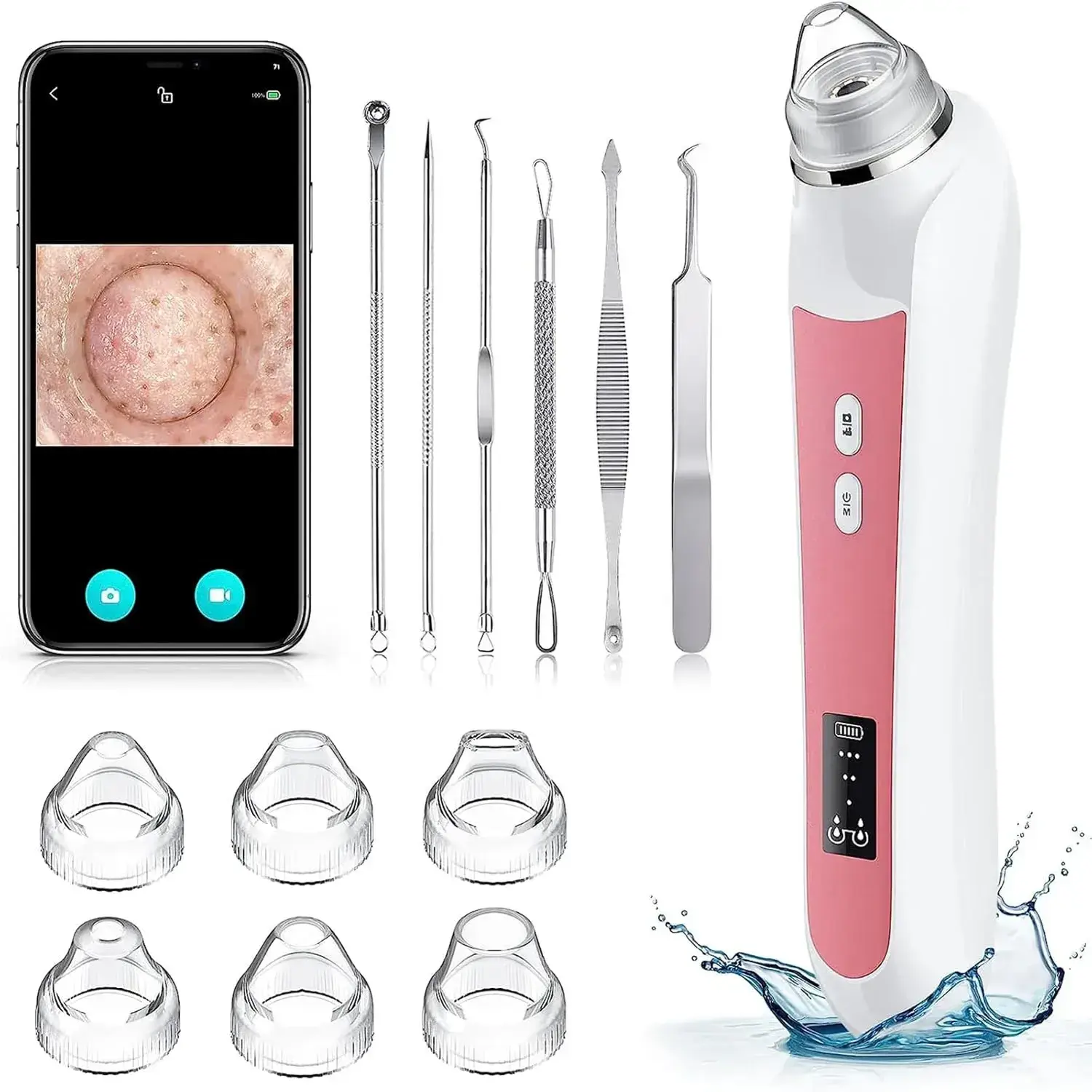 Facial Pore Cleaner Vacuum - 20x Magnification HD Camera, Battery-Powered, 3 Suction Modes, 6 Heads, On-Face Blackhead Removal Products, Acne Blackhead Tools for Men, Women, Blackhead Removal Products On Face
