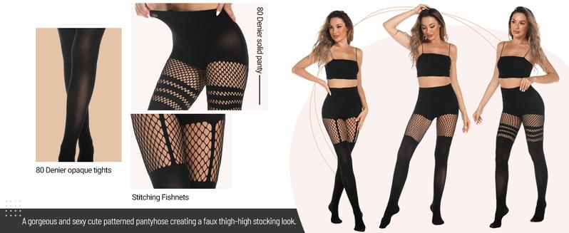 TIVIRA Mock Thigh High Stockings For Women Sexy Fishnet Tights Suspender Pantyhose 3 Pairs Lace Costume Tights Halloween Party Outfit Spooky Festival Hosiery Womenswear Socks