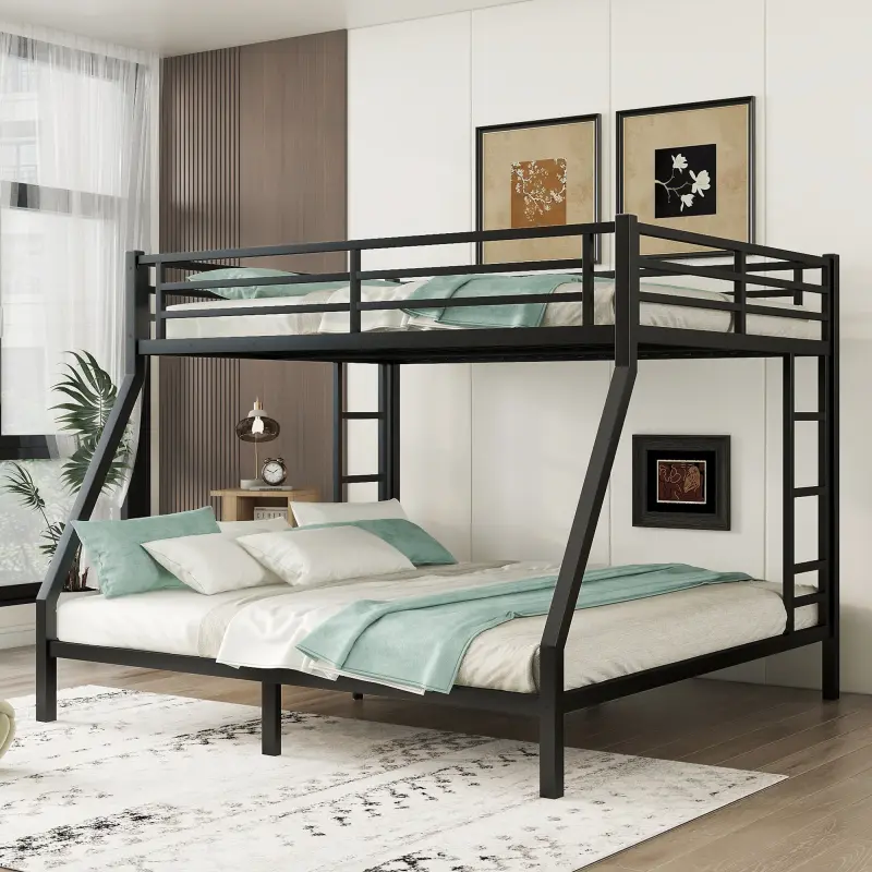 Black Metal Queen-over-King Bunk Bed Frame - Modern, Durable, Non-Toxic Loft Bed, Noise-Reduced Bedroom Furniture for Teens, Assembly Required, No Box Spring Needed