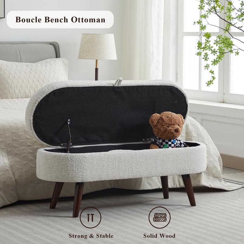 Niccae 43.5" Oval Storage Bench Linen Fabric Upholstered with Solid Wood Legs Soft Cushioned Stool for Living Room Bedroom End of Bed or Entryway