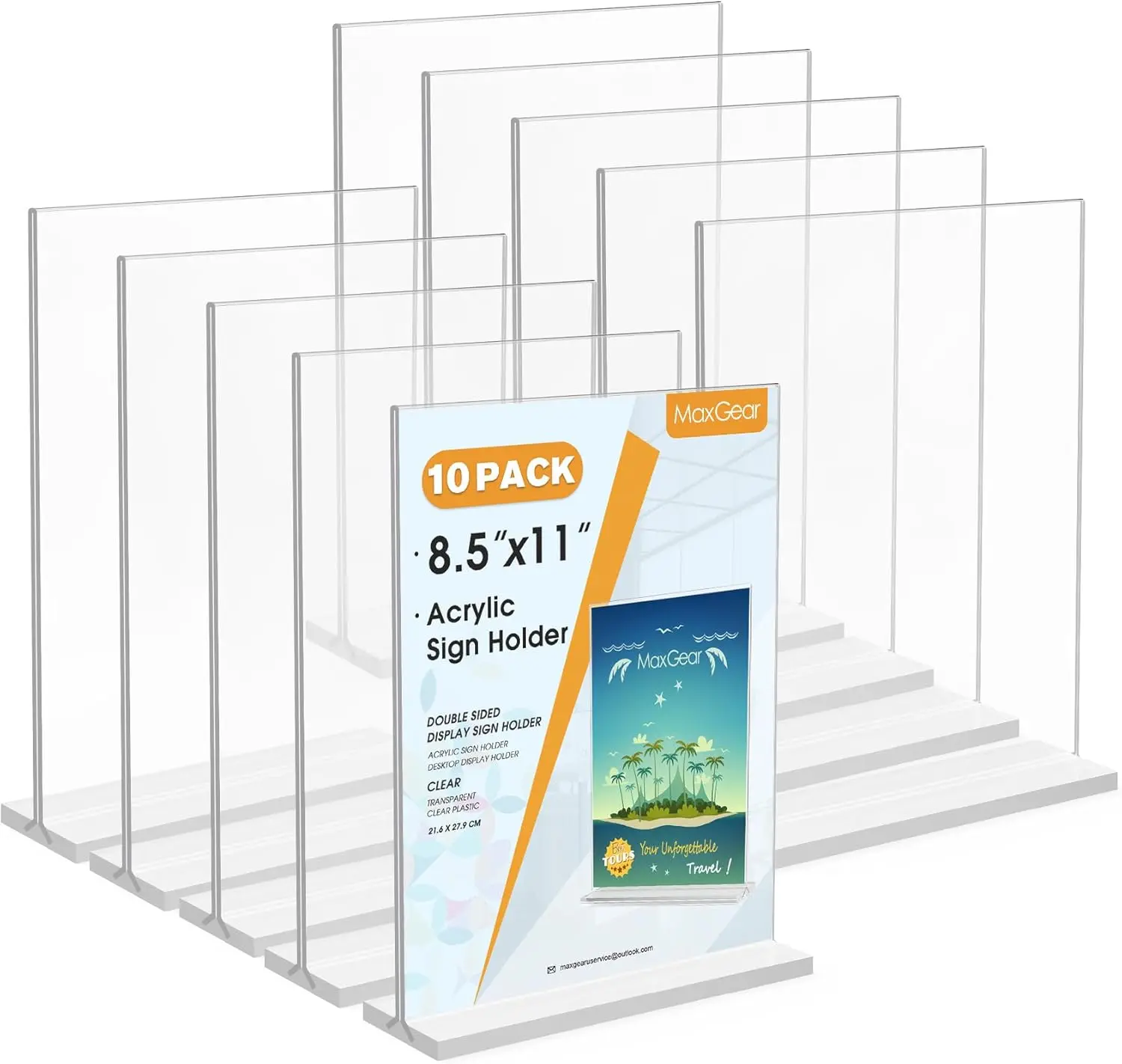 MaxGear T-Shaped Dual-Sided Acrylic Display Sign Holder (8.5x11 In), 10-Pack Easy-to-Use Retail Desk Organizer, Vertical Table Top Frame for Menu Flyer, Office Stationery Supplies