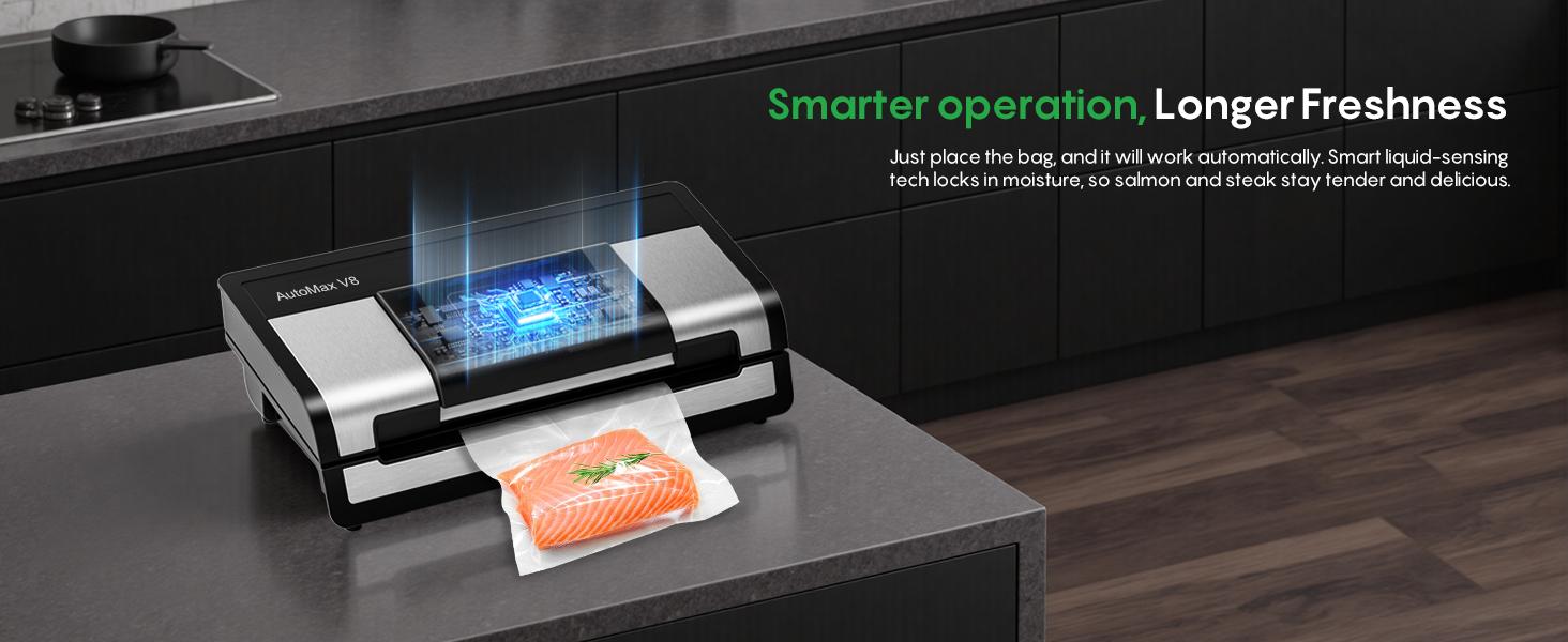 FRESKO AutoMax V8 Heavy Duty Vacuum Sealer Machine, Automatic Food Saver with Dry & Moist Modes, Built-in Cutter & Bag Storage, Includes Bags & Rolls