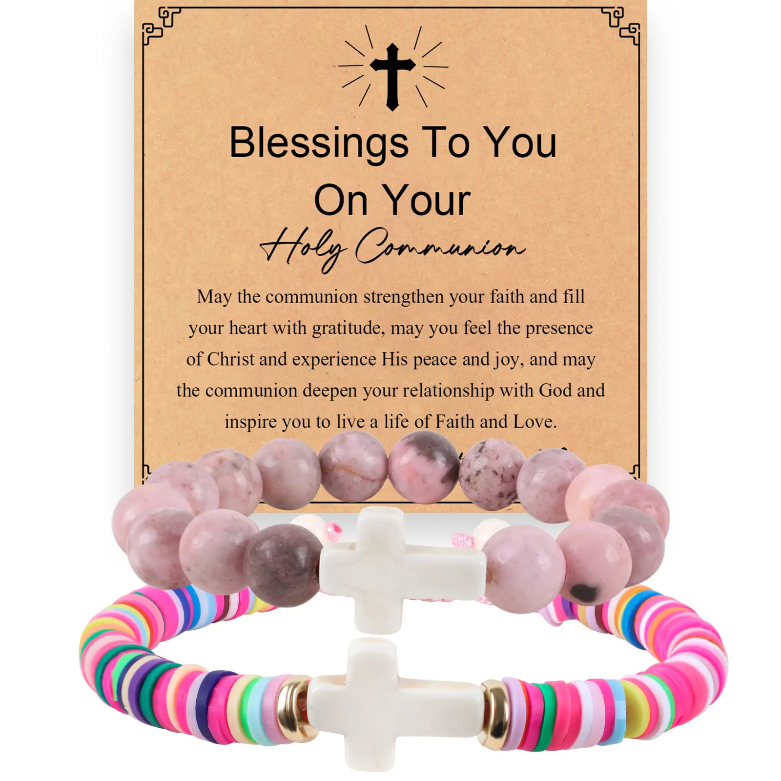 Easter Baptism Communion Bracelets - Adjustable Cross Clay Stone Bead Bracelet, Religious Gift for Daughter, Granddaughter, Faith Keepsake Jewelry