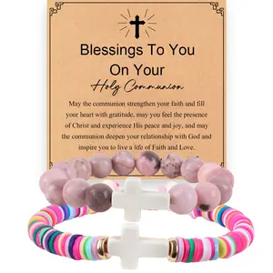 Easter Baptism Communion Bracelets - Adjustable Cross Clay Stone Bead Bracelet, Religious Gift for Daughter, Granddaughter, Faith Keepsake Jewelry